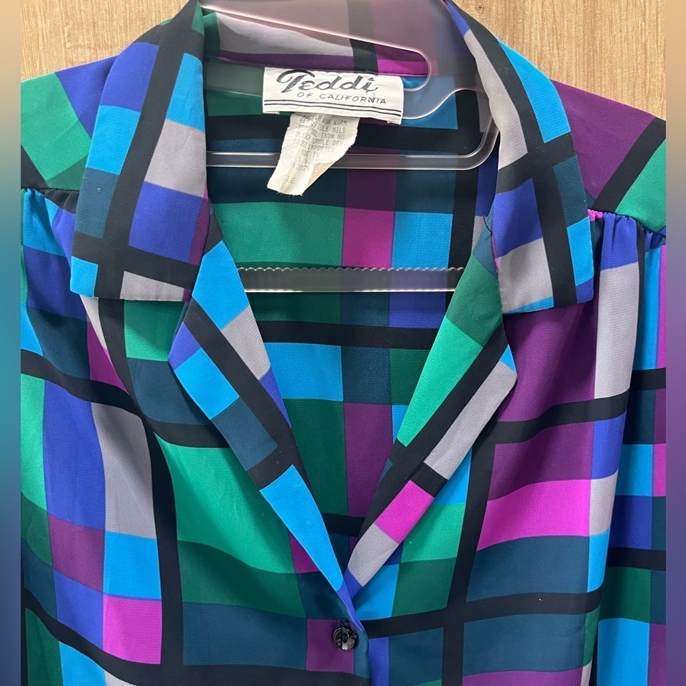 Mob wife  Blouse shirt Button Up 80s 90s sheer colorblock -10 - Picture 6 of 7